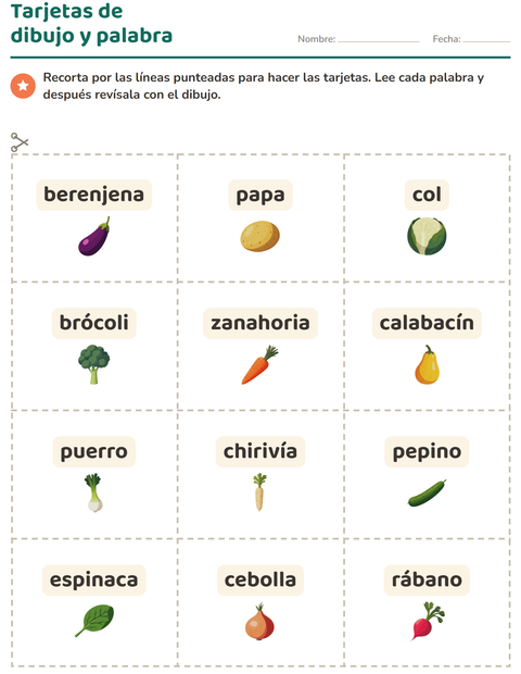 Vista previa de la hoja de Tarjetas de dibujo y palabra con Verduras para jardín infantil