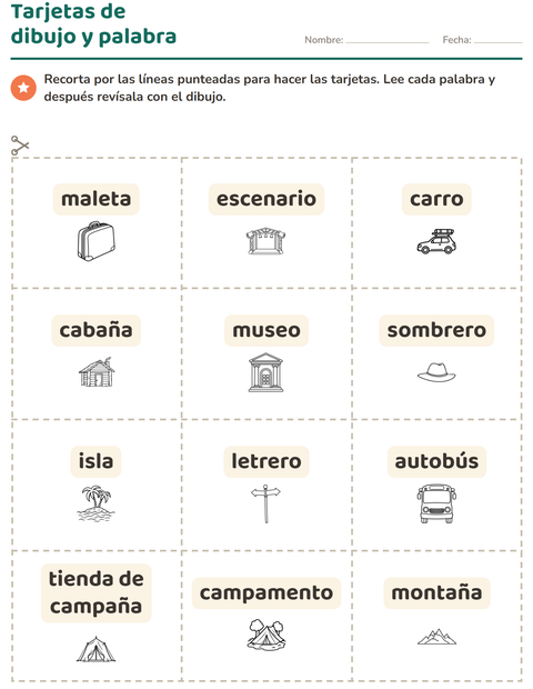 Vista previa de la hoja de Tarjetas de dibujo y palabra con Viajes y Vacaciones BN para jardín infantil