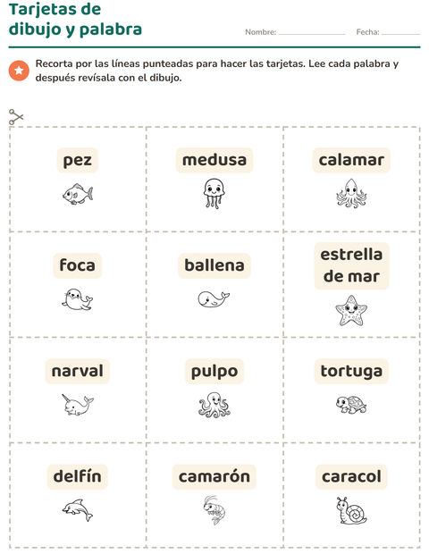 Vista previa de la hoja de Tarjetas de dibujo y palabra con Vida marina BN 2 para jardín infantil