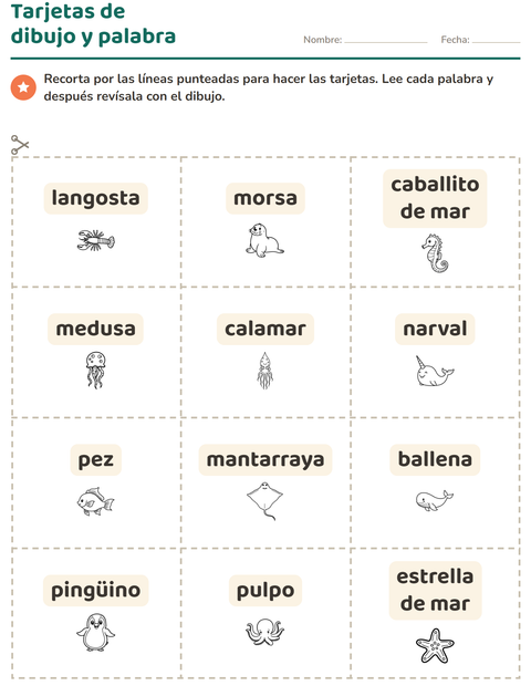 Vista previa de la hoja de Tarjetas de dibujo y palabra con Vida marina BN para jardín infantil