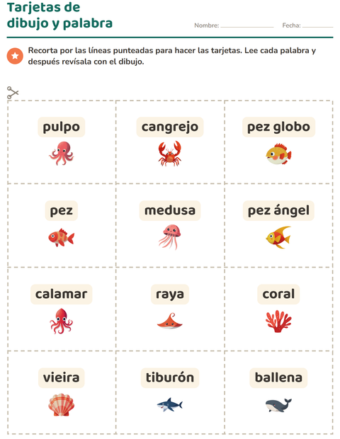 Vista previa de la hoja de Tarjetas de dibujo y palabra con Vida marina para jardín infantil