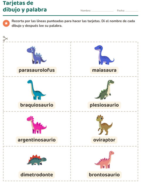 Vista previa de la hoja de Tarjetas de dibujo y palabra con Dinosaurios para jardín infantil