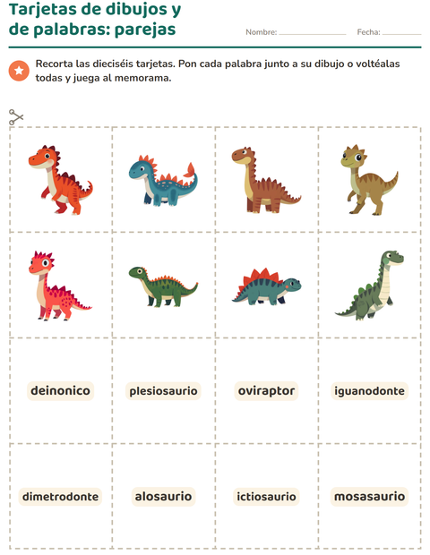 Vista previa de la hoja de Tarjetas de dibujo y palabra con Dinosaurios para jardín infantil