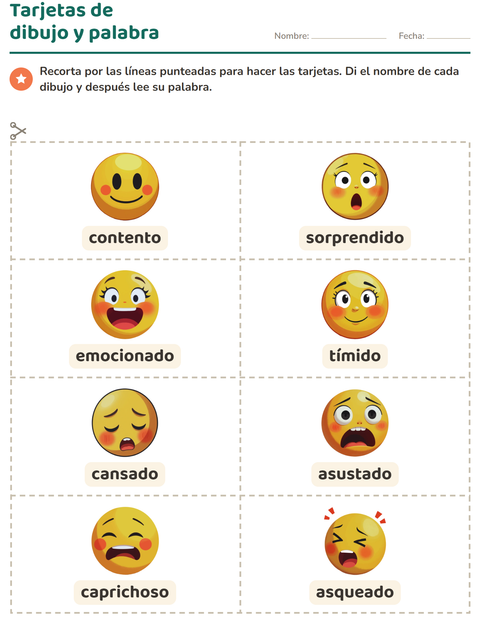 Vista previa de la hoja de Tarjetas de dibujo y palabra con Emociones para jardín infantil