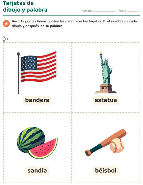Vista previa de la hoja de Tarjetas de dibujo y palabra con 4 de Julio para jardín infantil