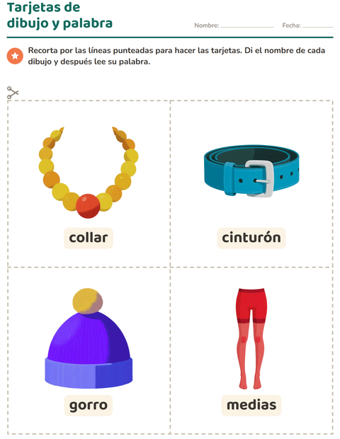 Vista previa de la hoja de Tarjetas de dibujo y palabra con Accesorios para jardín infantil