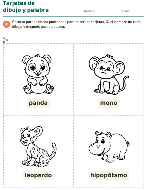 Vista previa de la hoja de Tarjetas de dibujo y palabra con Animales BN 2 para jardín infantil