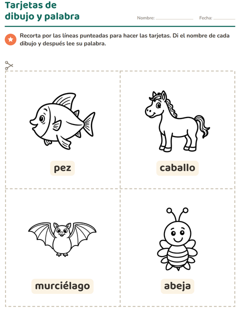 Vista previa de la hoja de Tarjetas de dibujo y palabra con Animales BN 3 para jardín infantil