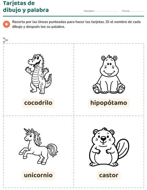 Vista previa de la hoja de Tarjetas de dibujo y palabra con Animales BN 4 para jardín infantil
