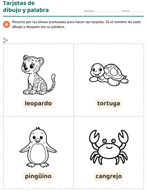 Vista previa de la hoja de Tarjetas de dibujo y palabra con Animales BN 5 para jardín infantil