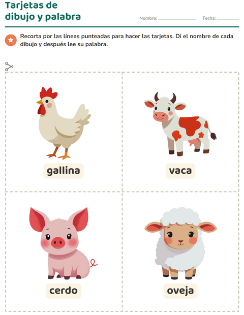 Vista previa de la hoja de Tarjetas de dibujo y palabra con Animales de granja para jardín infantil