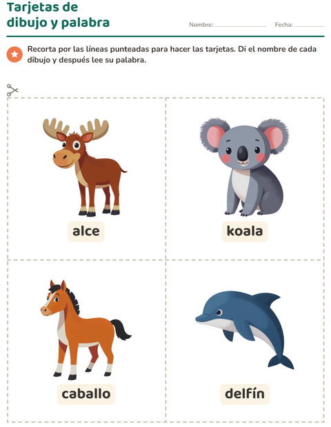 Vista previa de la hoja de Tarjetas de dibujo y palabra con Animales para jardín infantil