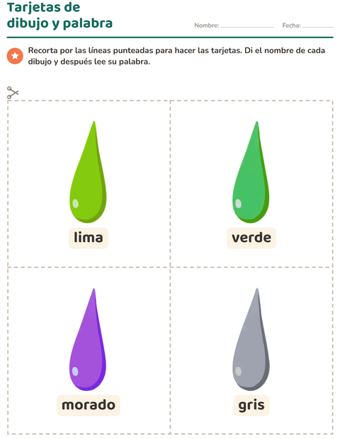 Vista previa de la hoja de Tarjetas de dibujo y palabra con Colores para jardín infantil