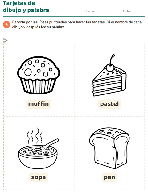 Vista previa de la hoja de Tarjetas de dibujo y palabra con Comida BN 2 para jardín infantil
