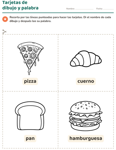 Vista previa de la hoja de Tarjetas de dibujo y palabra con Comida BN 3 para jardín infantil