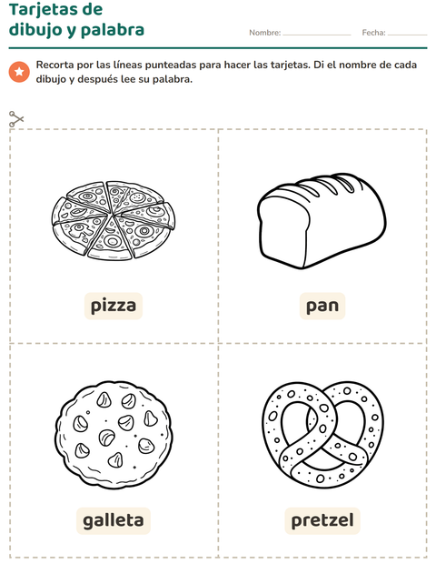 Vista previa de la hoja de Tarjetas de dibujo y palabra con Comida BN para jardín infantil