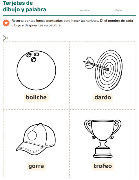 Vista previa de la hoja de Tarjetas de dibujo y palabra con Deportes BN para jardín infantil