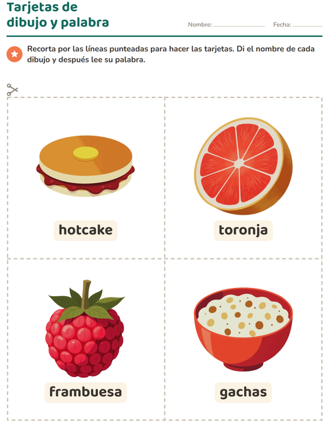 Vista previa de la hoja de Tarjetas de dibujo y palabra con Desayuno para jardín infantil
