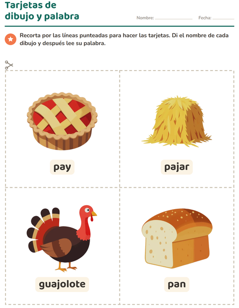 Vista previa de la hoja de Tarjetas de dibujo y palabra con Día de Acción de Gracias para jardín infantil