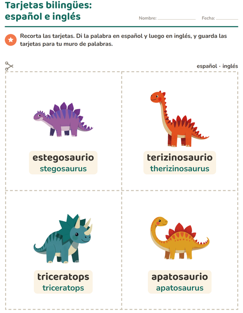 Vista previa de la hoja de Tarjetas de dibujo y palabra con Dinosaurios para jardín infantil