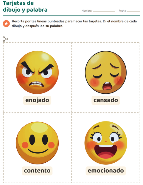 Vista previa de la hoja de Tarjetas de dibujo y palabra con Emociones para jardín infantil