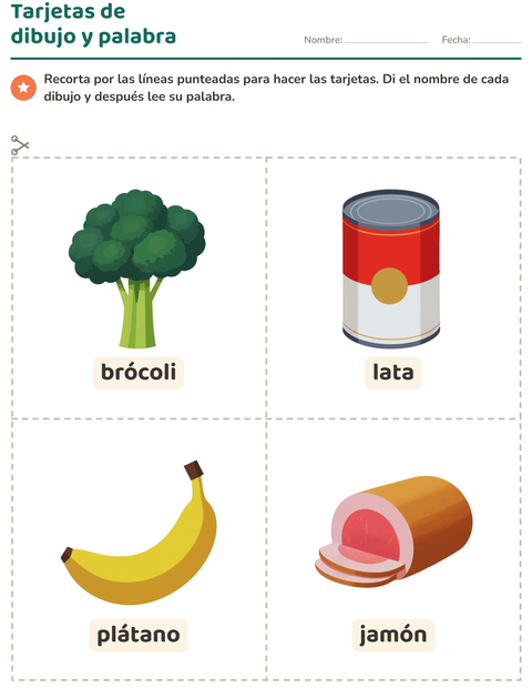 Vista previa de la hoja de Tarjetas de dibujo y palabra con En el supermercado para jardín infantil