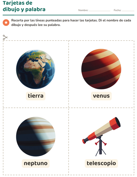 Vista previa de la hoja de Tarjetas de dibujo y palabra con Espacio para jardín infantil