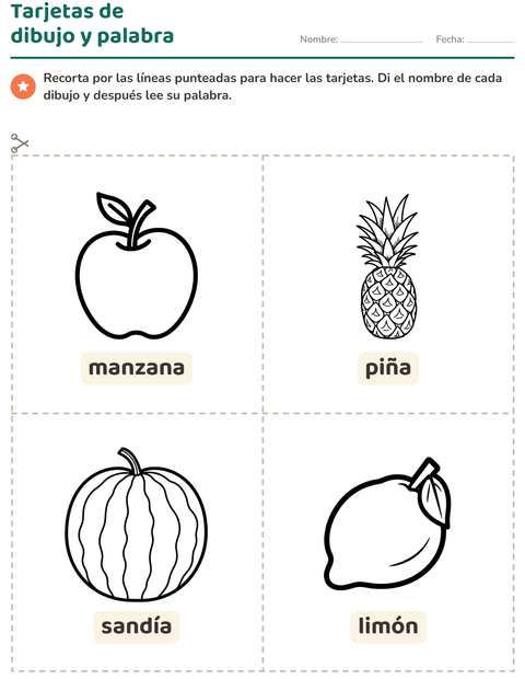 Vista previa de la hoja de Tarjetas de dibujo y palabra con Frutas BN para jardín infantil