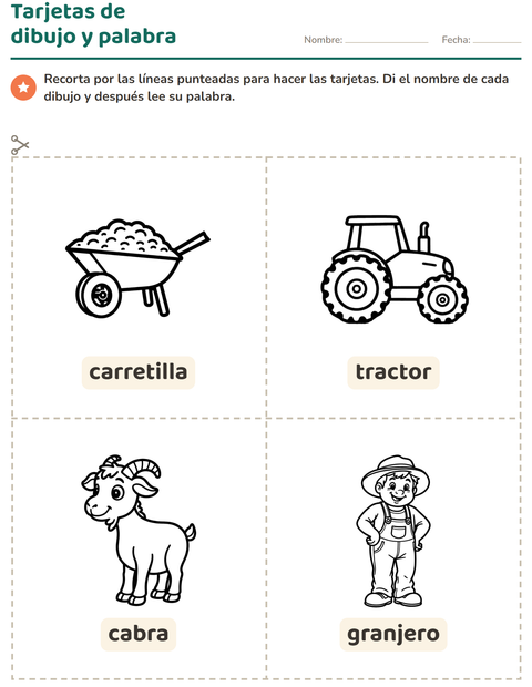 Vista previa de la hoja de Tarjetas de dibujo y palabra con Granja BN para jardín infantil