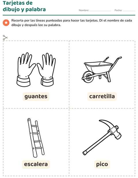 Vista previa de la hoja de Tarjetas de dibujo y palabra con Herramientas BN para jardín infantil