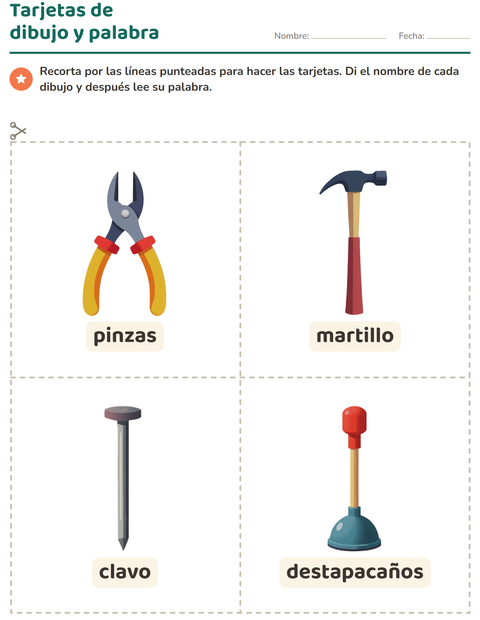 Vista previa de la hoja de Tarjetas de dibujo y palabra con Herramientas para jardín infantil