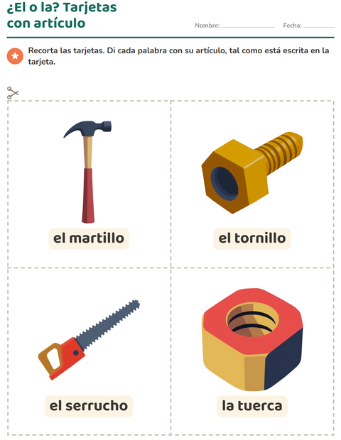 Vista previa de la hoja de Tarjetas de dibujo y palabra con Herramientas para jardín infantil