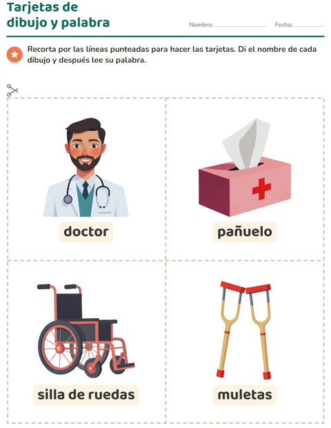 Vista previa de la hoja de Tarjetas de dibujo y palabra con Hospital para jardín infantil