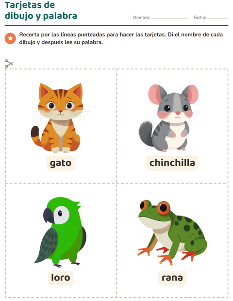 Vista previa de la hoja de Tarjetas de dibujo y palabra con Mascotas para jardín infantil
