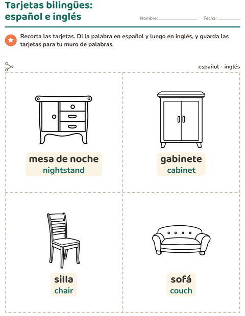 Vista previa de la hoja de Tarjetas de dibujo y palabra con Muebles BN para jardín infantil