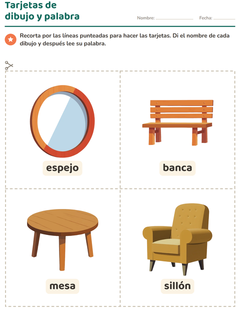 Vista previa de la hoja de Tarjetas de dibujo y palabra con Muebles para jardín infantil