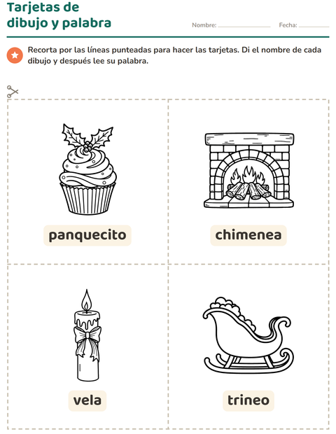 Vista previa de la hoja de Tarjetas de dibujo y palabra con Navidad B&N 2 para jardín infantil