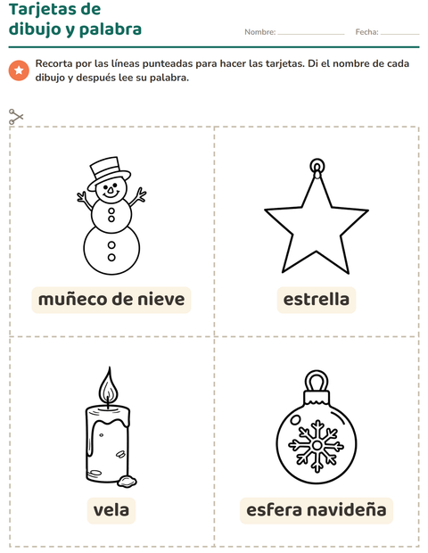 Vista previa de la hoja de Tarjetas de dibujo y palabra con Navidad B&N para jardín infantil