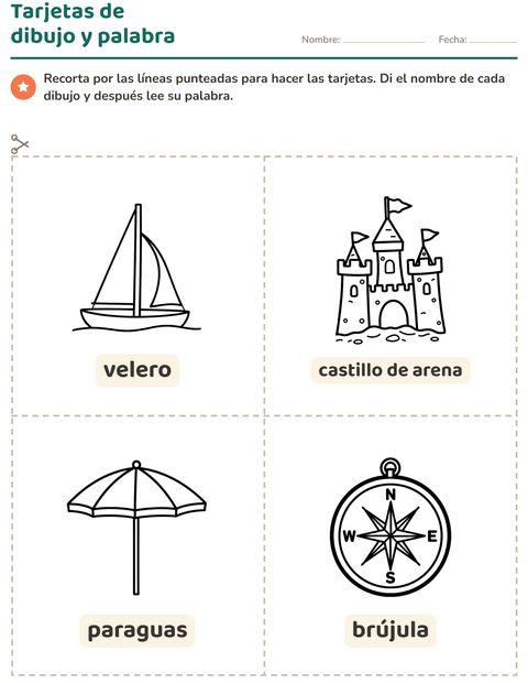 Vista previa de la hoja de Tarjetas de dibujo y palabra con Playa BN para jardín infantil