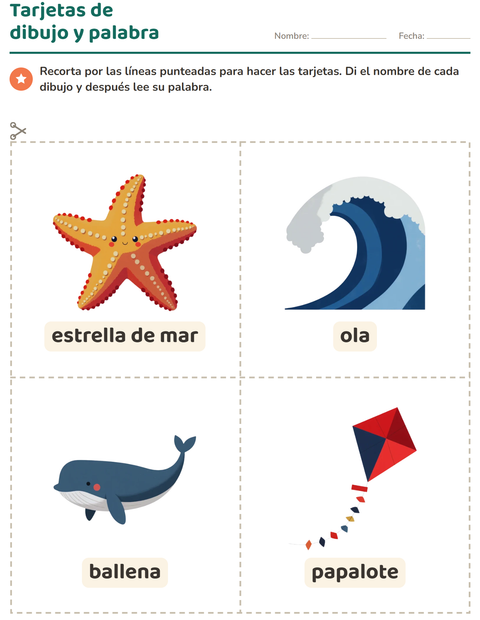 Vista previa de la hoja de Tarjetas de dibujo y palabra con Playa para jardín infantil