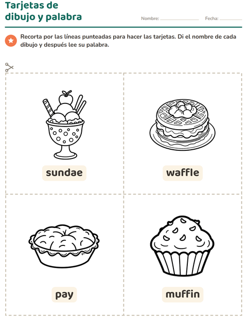 Vista previa de la hoja de Tarjetas de dibujo y palabra con Postre (B/N) para jardín infantil