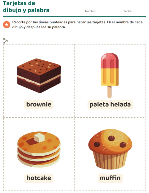 Vista previa de la hoja de Tarjetas de dibujo y palabra con Postres y dulces para jardín infantil