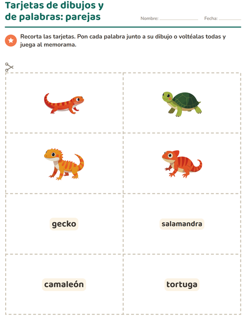 Vista previa de la hoja de Tarjetas de dibujo y palabra con Reptiles y anfibios para jardín infantil