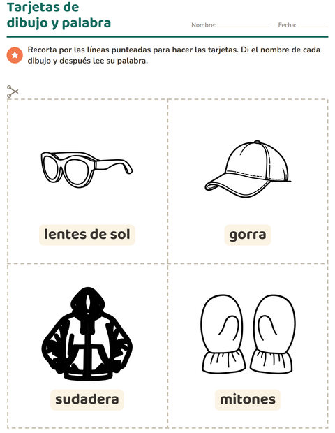 Vista previa de la hoja de Tarjetas de dibujo y palabra con Ropa BN para jardín infantil