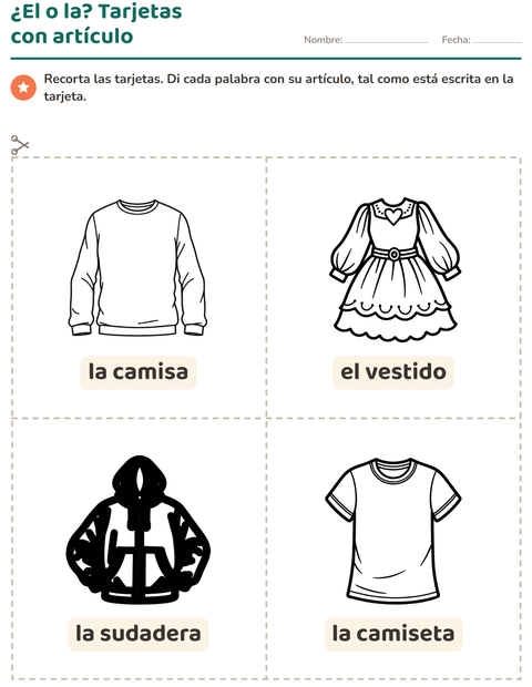 Vista previa de la hoja de Tarjetas de dibujo y palabra con Ropa BN para jardín infantil
