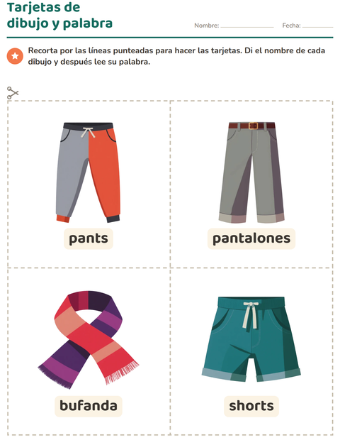 Vista previa de la hoja de Tarjetas de dibujo y palabra con Ropa para jardín infantil