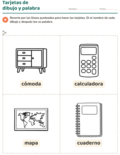 Vista previa de la hoja de Tarjetas de dibujo y palabra con Salón de clases 2 (B/N) para jardín infantil