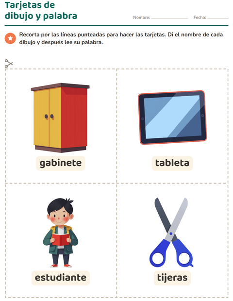 Vista previa de la hoja de Tarjetas de dibujo y palabra con Salón de clases para jardín infantil