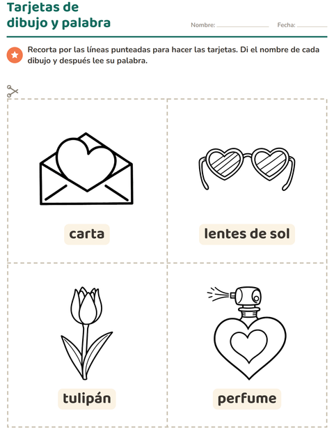 Vista previa de la hoja de Tarjetas de dibujo y palabra con San Valentín BN 2 para jardín infantil