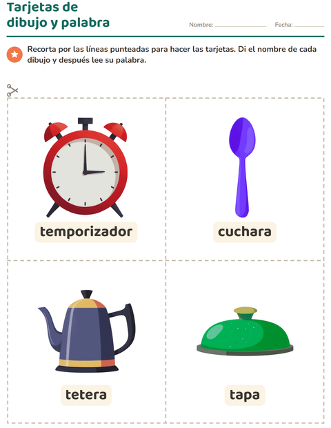 Vista previa de la hoja de Tarjetas de dibujo y palabra con Utensilios de cocina para jardín infantil